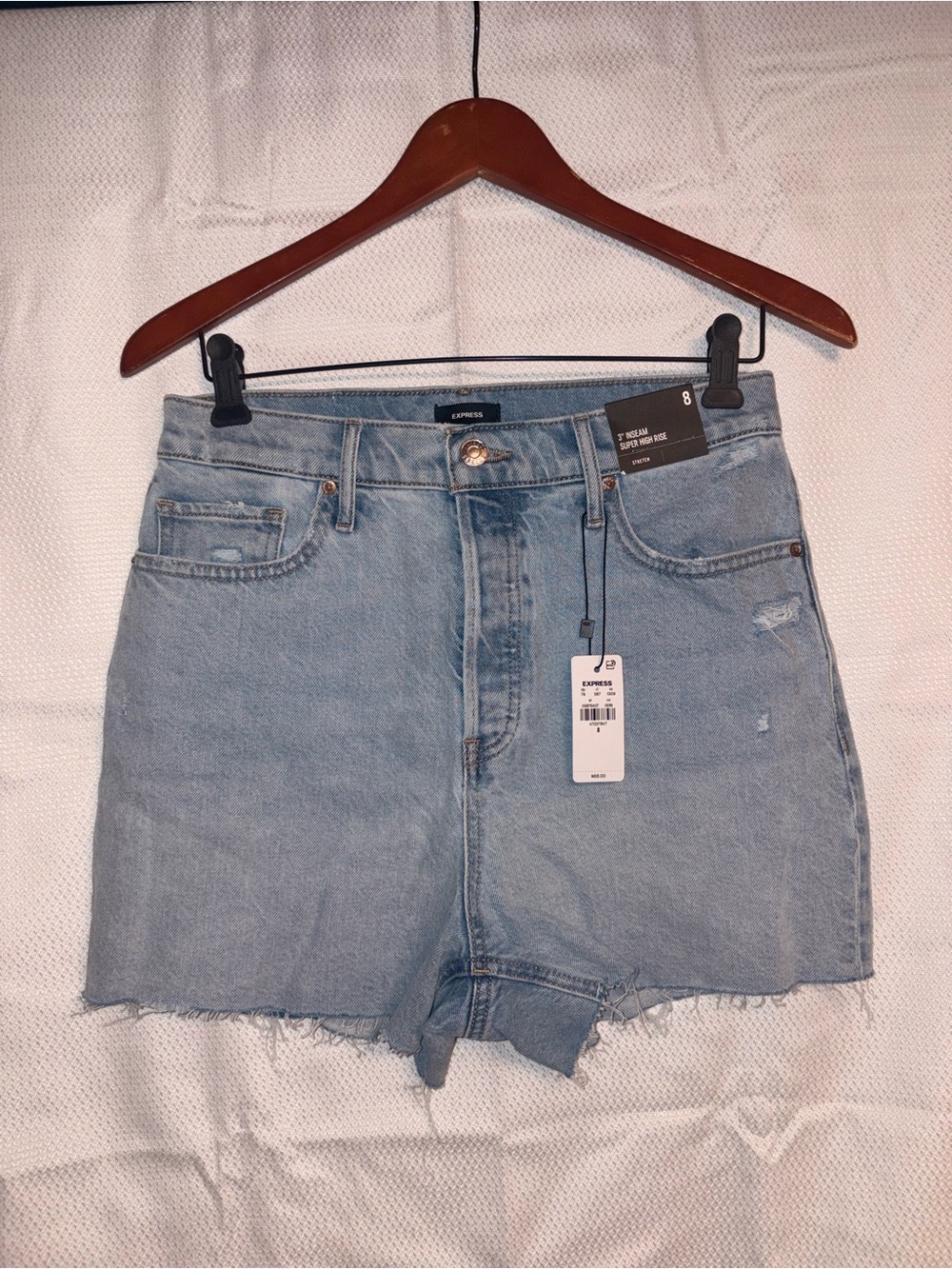 Express Super High Rise Light Blue Denim Shorts